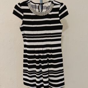 Monteau Black/White Striped Girls Dress with Pearl/ Rhinestone Neckline Size 14